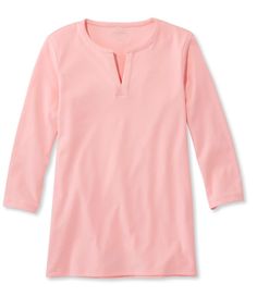 Our best-value tunic tee is back in a longer, perfectly flattering tunic length a" at an unbeatable value. Slightly Fitted: Softly shapes the body. Falls at thigh. Knit from soft, high-quality 100% combed cotton. Machine wash and dry. Pretty embroidered trim at split V neckline. Imported. Stretch Henley Neckline Top For Loungewear, Casual Stretch Top With Split Neck, Casual Pink Tops With Split Neck, Pink Relaxed Fit Top With 3/4 Sleeves, Tunic Shirts, Embroidered Trim, Fall Tee, Knit Tops, Tunic Length