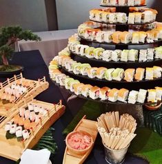 sushi platter displayed on table in indoor setting