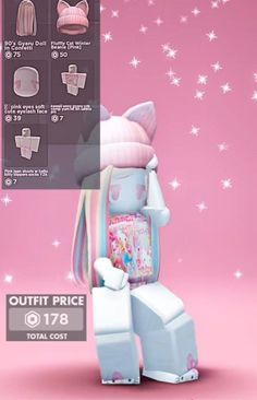 an image of a pink hello kitty doll with lots of stuff on her back and some stars in the background