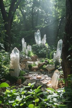 several crystal rocks in the middle of a forest