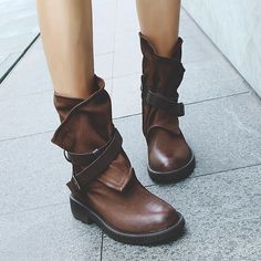 Category:Boots; Upper Materials:Faux Leather,PU; Embellishment:Buckle; Season:Fall,Winter; Heel Type:Chunky Heel,Block Heel; Gender:Women's; Toe Shape:Round Toe; Type:Mid Calf Boots; Style:Vintage,Minimalism,Casual; Heel Height(inch):1-2; Outsole Materials:Rubber; Occasion:Daily,Outdoor; Closure Type:Zipper; Pattern:Solid Color; Listing Date:10/25/2023; 2024 Trends:Riding Boots,Plus Size Faux Leather Martin Boots With Zipper For Fall, Fall Faux Leather Martin Boots With Zipper Closure, Fall Faux Leather Martin Boots With Zipper, Fall Moto Boots With Zipper In Faux Leather, Fall Faux Leather Closed Toe Platform Boots, Closed Toe Boots With Zipper For Fall, Fall Closed Toe Boots With Zipper Closure, Fall Faux Leather Platform Boots With Flat Heel, Fall Zipper Closure Closed Toe Boots