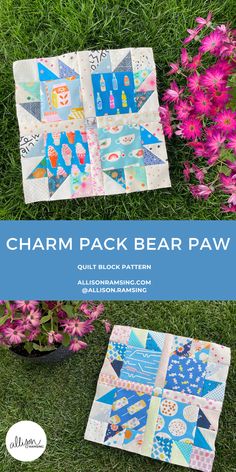 the charm pack bear paw quilt pattern is laying on grass next to flowers and potted plants