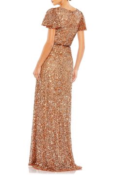 Sequins add a fluttering flash to the sleeves of this high-wattage gown that will be beloved from first toast to last dance. Surplice V-neck Short sleeves Lined 100% polyester Spot clean Imported Asian Owned/Founded Plastic Dress, Drape Gowns, Unique Prom Dresses, High Quality Dress, Mac Duggal, Gowns With Sleeves, Butterfly Sleeves, Fall Skirts, Sequin Fabric