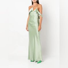 Michelle Mason Bias-Cut One-Shoulder Gown In Sage Green Size 10 New Without Tags (Received From Designer Without Tags On It) Sage Green Bias Cut One-Shoulder Sleeveless Fitted Waistline Long Length Straight Hem Green Floor-length Slip Dress With Bias Cut, Cowl Neck Gown, Gown Green, Long Green Dress, Michelle Mason, Green Gown, One Shoulder Gown, Long Length, Cowl Neck