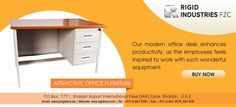 an advertisement for a desk with drawers on the front and bottom, which is also in orange