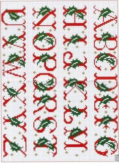 cross stitch pattern with the word merry written in red and green