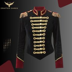 Women's Black Velvet Military Jacket with Gold Epaulettes | Perfect Gift for Her **Description Step into a blend of military grace and vintage fashion with this exquisite red velvet military jacket. Adorned with gold epaulettes, embossed front buttons, and vintage ribbon trim, this jacket is the ultimate statement piece. Perfect for upgrading a simple tee and jeans look or adding a regal touch to your evening wear. **Features - Custom made to order. - Luxurious soft brushed velvet fabric. - Styl Cropped Military Jacket, Vintage Army Jacket, Vintage Military Jacket, Tassel Jacket, Military Jacket Green, Green Field, Army Green Jacket, Military Coat, Military Style Jackets