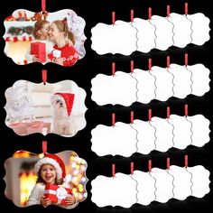 a set of four christmas photo frames with santa hats and presents hanging from clothes pins