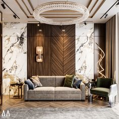 an elegant living room with marble walls and wood paneling, chandelier above the couch