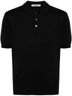 black cotton fine knit polo collar short sleeves ribbed cuffs and hem straight hem front button placket Black Polo Shirt With Placket, Black Polo Collar Sweater For Work, Modern Black Polo Shirt With Collared Neckline, Black Short Sleeve Polo Sweater With Ribbed Collar, Black Short Sleeve Polo Sweater For Work, Black Polo Shirt With Ribbed Collar, Black Polo Shirt With Button Closure, Black Polo Shirt With Seamless Collar For Work, Work Polo Shirt With Button Cuffs