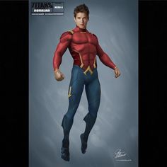 an artist's rendering of a man in a red and blue suit with his hands on his hips