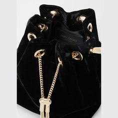 Jimmy Choo "Bon Bon" top-handle bag in velvet. Round metal top handle; box-chain crossbody strap. Metal chain drawstring closure. Textile lining. 5.9"H x 5.5"W x 3.7"D. Made in Italy. Chic Bags, Bon Bon, Velvet Bow, Box Chain, Handle Bag, Bergdorf Goodman, White Bag, Metal Chain, Crossbody Strap