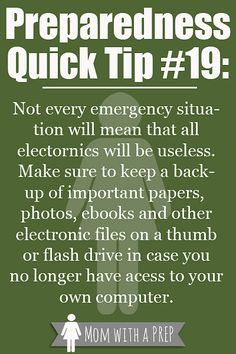 PQT #19 - Not all emergencies will mean that electronics are non-fuctioning. Keep your important documents, photos and files on a thumb or zip drive. Doomsday Prepping, Emergency Supplies