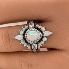 Opal Engagement Ring Set, 3 Ring Set Art Deco Fitted Opal Ring Set, Opal Bridal Set, Wedding Ring Opal Band, Bridal Set - Etsy Wedding Ring Opal, Western Wedding Rings, Opal Engagement Ring Set, Ring Inspiration, Opal Engagement Ring, Cute Engagement Rings, Opal Band, Future Engagement Rings, Opal Wedding Rings