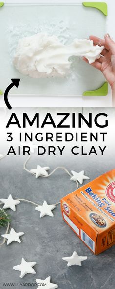 an advertisement for air dry clay with white stars on it and the words amazing 3 ingredient air dry clay