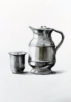 a painting of a silver pitcher and two cups