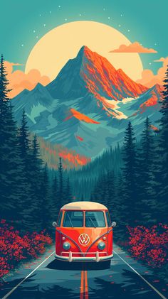 an orange and white van driving down a road with mountains in the background at sunset