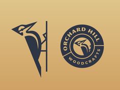 the logo for orchard hill woodcrafts is shown in blue and gold colors on a beige background