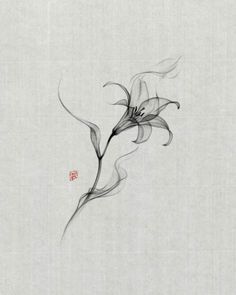 an ink drawing of a flower on a white paper with chinese writing in the background