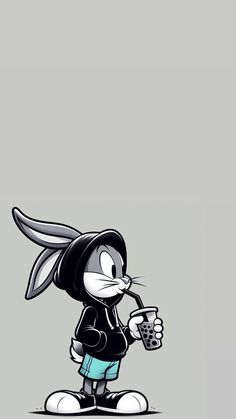 an image of a cartoon character holding a drink in one hand and wearing bunny ears on the other