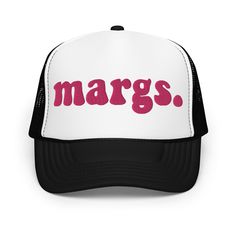 Introducing our "margs." Trucker Hat – the ultimate accessory for your summer adventures! Whether you're lounging by the pool, hitting the beach, or celebrating at a bachelorette party, this hat adds a touch of fun and style to every occasion. With its playful design and breathable mesh back, it's sure to become your go-to accessory for all your summer drinking parties. Cheers to good times and great style with our "margs." Trucker Hat! • 100% polyester front • 100% polyester mesh back • Thicker Black Snapback Hat With Letter Print For Beach, Black Trucker Hat With Letter Print For Beach, Trendy Black Trucker Hat For Vacation, Adjustable Black Trucker Hat For Summer, Fun Black Vacation Hats, Fun Black Vacation Hat, Fun Black Trucker Hat For Vacation, Black Snapback Hat For Summer Beach, Beach Hats With Letter Print In Black