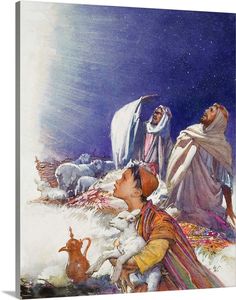 an illustration of the birth of jesus with three men and sheeps in the background