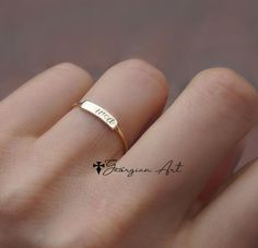 Solid Gold Bar Ring With His & Her Initial - Engraved Stacking Ring in 10K, 14K or 18K Yellow gold, Rose Gold or White Gold, Personalized. Anniversary Initial Ring With Rectangular Shape, Wedding Initial Ring Stamped 14k Gold, Engraved Initials Promise Ring In Rose Gold, Elegant Initial Ring For Promise Occasion, 14k Rose Gold Initial Ring For Anniversary, Elegant Promise Ring With Initial, Engraved 14k Gold Promise Ring, Minimalist 14k Gold Engraved Ring With Initials, 14k Gold Engraved Ring With Initials In Rose Gold