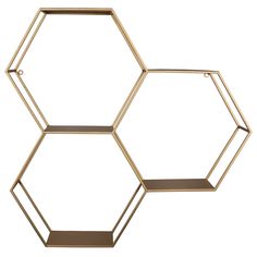 three hexagonal shelves are shown in gold and black, each with shelving