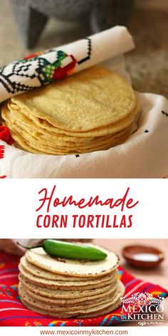 homemade corn tortillas are stacked on top of each other