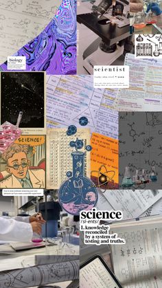 a collage of science related images including books, microscopes and paper with writing on them