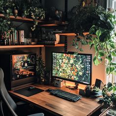 a desk with two computer monitors and a keyboard