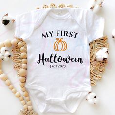 Personalized My First Halloween Baby Bodysuit  Designs printed on 100% cotton Gerber Onesies  Available in black and white. My First Halloween Onesie, White Bodysuit For Halloween Costume Party, Black Cotton Halloween Onesie, White Onesie Halloween Costume, Customizable Black Cotton Onesie, Cute White Bodysuit For Halloween, Infant Halloween, Babys 1st Halloween, Gothic Baby