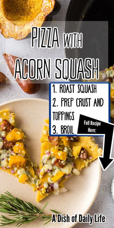 pizza with acorn squash, roast squash and toppings on a plate next to bread