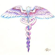 a drawing of a cadus symbol with two snakes on it's back and wings