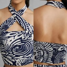 Anthropologie Navy Blue Abstract Floral Halter Top Wear Two Ways Size Medium New With Tags Cropped Fit Smocked Back Two Different Ways To Wear It Button On Back Of Neck Strap Chic Navy Tops For Vacation, Floral Halter Top, Embroidered Crop Tops, Strap Crop Top, Crop Top Sweatshirt, Love Clothing, Embellished Top, Cropped Tube Top, Crop Top Sweater