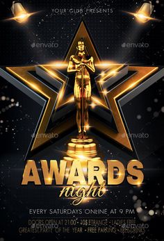 awards night flyer template with gold stars and an image of a man on the podium