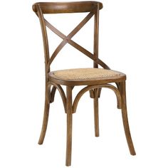 a wooden chair with a cross back and wicker seat