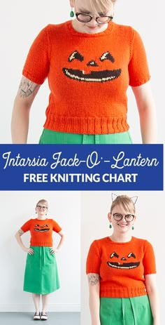 a woman wearing an orange sweater and green skirt, with text overlay that reads tarara jack & lantern free knitting chart