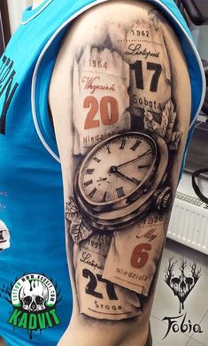 a man with a clock tattoo on his arm