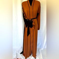 Brown Front, Black Modest Back Side Very Elegant, Long, Flowy, Turkish Abaya Kaftan Pakistani Indian Eid Ramadan Cover Up Elegant Brown Long Sleeve Thobe, Long Brown Abaya, Elegant Long Brown Abaya, Brown Long Thobe For Eid, Elegant Brown Long Sleeve Kaftan, Elegant Long Sleeve Brown Kaftan, Traditional Long Brown Kimono, Turkish Abaya, Long Tiered Skirt