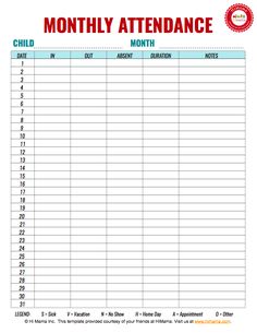 a printable sign up sheet with the words, month attendance and child's birth date