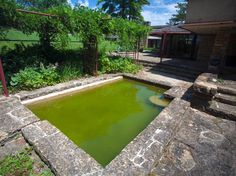 a small pond in the middle of a stone patio with steps leading up to it