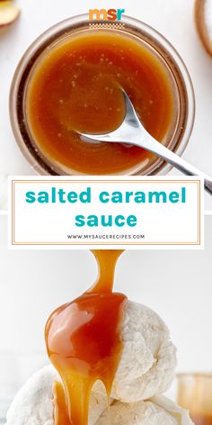 salted caramel sauce being drizzled over ice cream