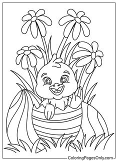 an easter bunny sitting in a basket with daisies on the ground coloring pages for kids