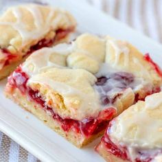 cherry pie bars on a white plate with text overlay