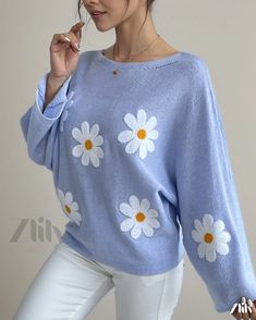 Zlily - Loose Batwing Sleeve Knitted Sweater with Embroidered Flowers and Collegiate Shoulder Design Embroidered Knit Long Sleeve Sweater, Embroidered Long Sleeve Knit Sweater, Spring Soft Knit Crew Neck Sweater, Casual Winter Sweater With Floral Embroidery, Knit Long Sleeve Tops With Floral Embroidery, Knit Tops With Floral Embroidery And Long Sleeves, Long Sleeve Knit Tops With Floral Embroidery, Casual Long Sleeve Sweater With Floral Embroidery, Embroidered Crew Neck Knit Sweater