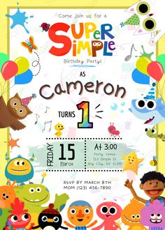 a birthday party flyer with cartoon characters