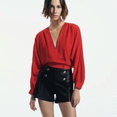 Viscose Chic Red Blouse For Fall, Chic Red Zara Blouse, Chic Red Blouse For Evening, Chic Red Blouse For Day Out, Chic Red Blouse For Night Out, Chic Red Blouse For Date Night, Black Leather Crop Top, White Satin Top, Zara Basic Top