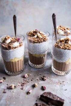 three glasses filled with different types of desserts