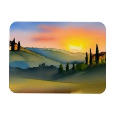 a painting of a sunset with trees and hills in the background on a mouse pad